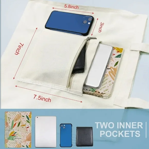 Books & Flowers Cotton Canvas Tote Bag with 2 Inner Pockets Reusable Washable - Picture 5 of 13